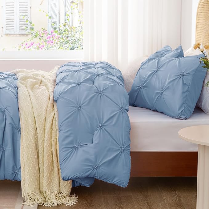 BEDELITE Cornflower Blue Queen Comforter Set - 3 Pieces Boho Pintuck Bedding Comforter Sets, Lightweight Soft & Warm Bed Comforter Queen with 2 Pillowcases for All Season