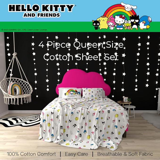 Collectibles Hello Kitty & Friends Bedding Super Soft Cozy Cotton 4 Piece Queen Sheet Set, (Officially Licensed Product) By Franco