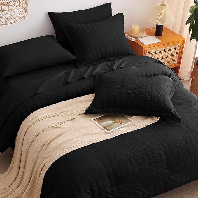 CozyLux Oversized Queen Comforter Set Black Seersucker 7 Pieces 98x98 Bed in a Bag Comforter Set with Sheets, Luxury Soft Bedding Sets with Down Alternative Comforter, Sheets, Pillowcases & Shams