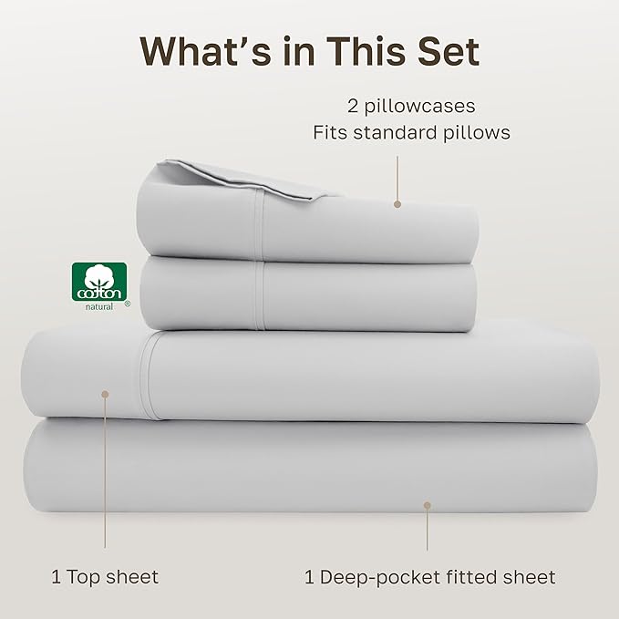 California Design Den Sateen Bed Sheets Full Size Set - 400 Thread Count, Natural 100% Cotton Sheets, Deep Pockets with All Around Elastic, Soft, Durable Bedding - Silver