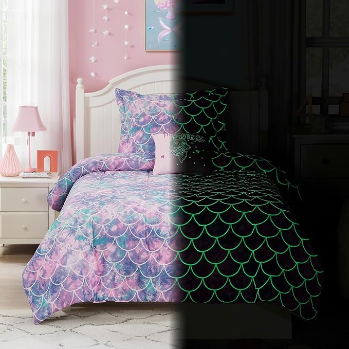 Full Size Comforter Set for Girls-4 Pieces Mermaid Glow in the Dark Full Bedding Sets for Kids, 1 Comforter, 2 Shams and 1 Decor Pillow