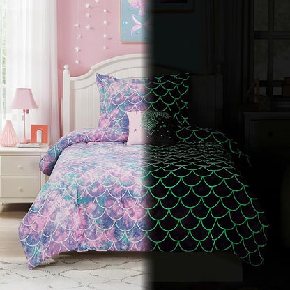 Full Size Comforter Set for Girls-4 Pieces Mermaid Glow in the Dark Full Bedding Sets for Kids, 1 Comforter, 2 Shams and 1 Decor Pillow