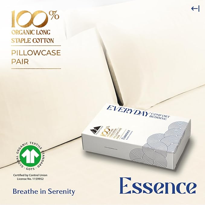 Mayfair Linen 100% Organic Cotton King Size Pillow Cases Set of 2 - Soft Hotel Quality Covers for King Size Pillows (Ivory), Authentic GOTS Certified, Crisp, Cooling Percale Weave Cotton Pillowcases