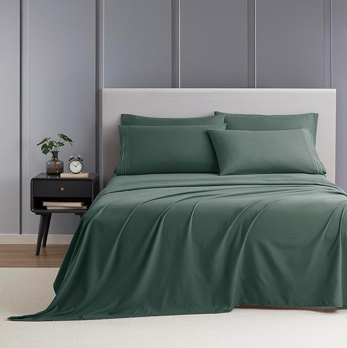 Clara Clark Cal King Sheets - Hotel Luxury 6 Piece Bed Sheets for Cal King Size Bed - Soft Bedding Sheets & Pillowcases, Fits Mattress up to 16 inch deep. California King, Forest Green
