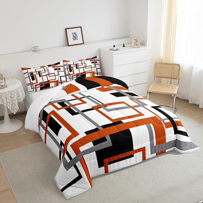 Erosebridal Geometric Square Comforter Set for Men Women,White Black Orange Bedding Set,Abstract Grid Patchwork Quilt Set Lightweight,Modern Down Comforter with 2 Pillow Shams,Full Size