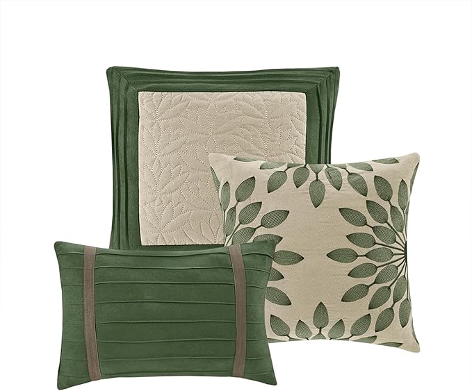 Madison Park Palmer Comforter Set-Luxury Faux Suede Design, Striped Accent, All Season Down Alternative Bedding, Matching Shams, Decorative Pillow, Bed Skirt, Queen (90 in x 90 in), Green 7 Piece