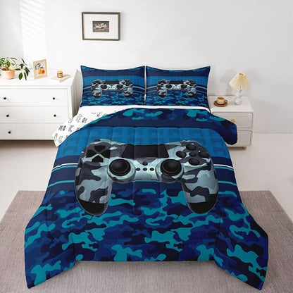 Feelyou Gamer Comforter Set Camouflage Gaming Video Game Bedding Set for Kids Boys Blue Camo Gamer Console Comforter Soft Gamepad Decor Quilt King Size Boys