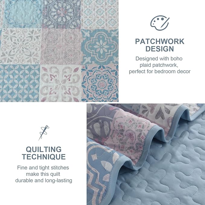 Dobuyly Quilt Set Queen Size, Light Blue/Pink Patchwork Bedspread 3 Pieces, Boho Plaid Summer Coverlet Set, Soft Lightweight Quilt Bedding Set for All Seasons 96"x90"
