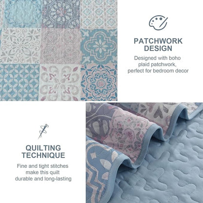 Dobuyly Quilt Set Queen Size, Light Blue/Pink Patchwork Bedspread 3 Pieces, Boho Plaid Summer Coverlet Set, Soft Lightweight Quilt Bedding Set for All Seasons 96"x90"