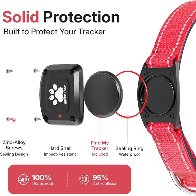 GPS Dog Collar Tracker 2-in-1,Reflective Waterproof Pet Collar,iOS-Only,No Monthly Fees,Unlimited Range,Dog Tracking Collar Pet Tracker,for Small Medium Large Dogs(XS (10.5"-13.5"), Red)