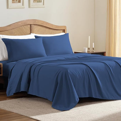 ClevaHome Sheet Set King Size, 4-Piece Bedding, Lightweight & Super Soft Easy Care Microfiber– Shrinkage & Fade Resistant Bedding Set with 14'' Deep Pockets (Navy Blue)