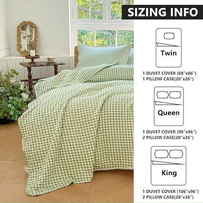 Sage Green Gingham Queen Quilt Set, Soft Pre-washed Microfiber Green Plaid Queen Bedspread, Lightweight Checked Summer Quilt, Grid Bedding Coverlets for All Seasons (Includes 1 Quilt, 2 Pillow Shams)