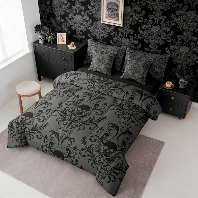 Erosebridal Gothic Damask Bed in a Bag Queen Comforter Set 7 Piece,Sugar Skull Bedding Sets Black Grey Victorian Floral Goth Sheet Set with Comforter
