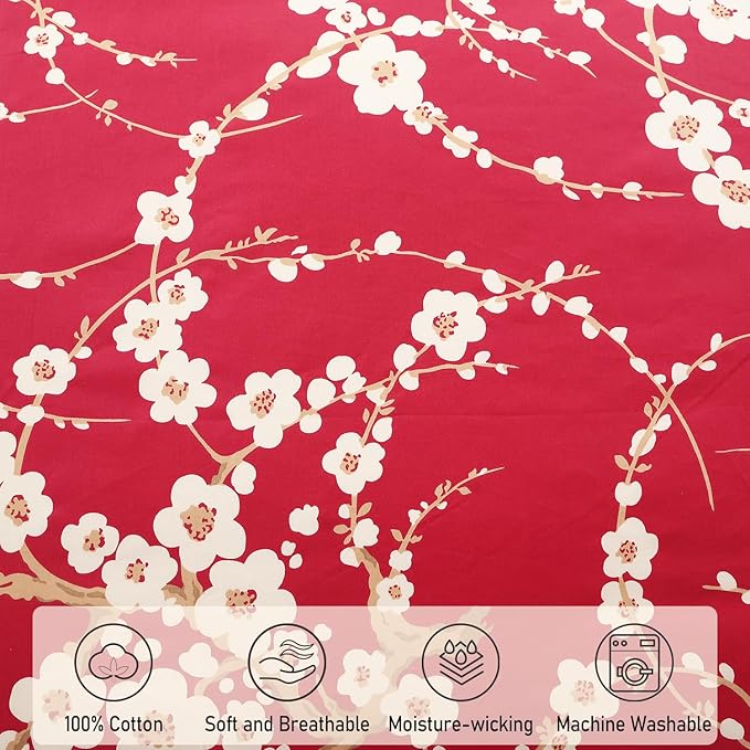 WINLIFE 100% Cotton Pillowcases Set of 2 Floral Printed Pillow Case Beige Plum Blossom on Red Pillow Cover, Queen 20x30''