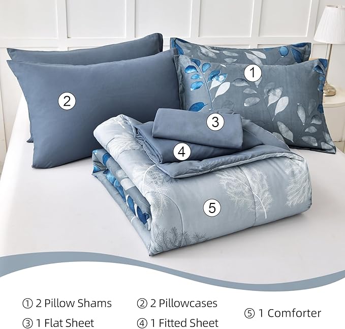 Anibedding Blue Comforter Set Queen Size 7 Piece Navy Botanical Gradient Leaves Ultra Soft Microfiber Down Alternative Bedding Set Lightweight Reversible Bed Comforter Set for All Season 90" x 90"
