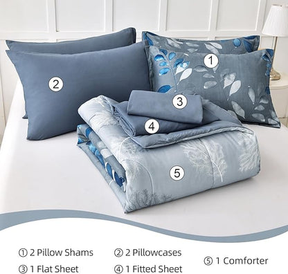 Anibedding Blue Comforter Set Queen Size 7 Piece Navy Botanical Gradient Leaves Ultra Soft Microfiber Down Alternative Bedding Set Lightweight Reversible Bed Comforter Set for All Season 90" x 90"