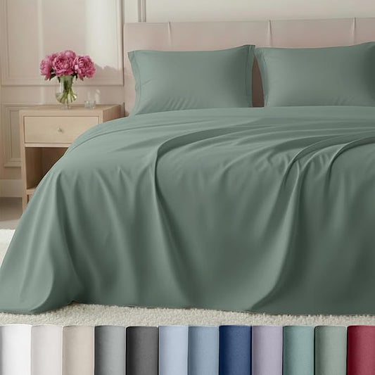 California Design Den Queen Bed Sheets Set - Luxury Hotel 800 Thread Count Sateen, Natural 100% Cotton Queen Size Sheets, Deep Pockets Durable Bedding Set - Sage Green