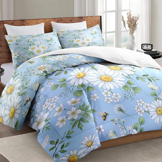 Full Size Comforter Set with 2 Pillowcases, Spring Summer Botanical Wildflower Daisy Flower Green Floral Soft 3 Pcs Bedding for Kids and Adults Bedroom Bed Decor