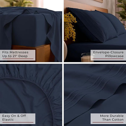 Mellanni Full Sheet Set - 6-Piece Iconic Collection Bedding, (Including 4 Pillowcases), 21-Inch Extra Deep Pocket, Easy Care, Ultra Soft, Cooling Sheets, Brushed Microfiber - Navy Blue