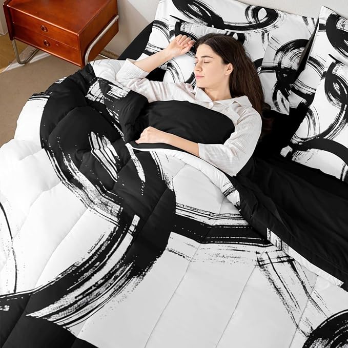 Erosebridal Black and White 7 Pcs Comforter Set Full Abstract Line Minimalist Ink Painting Bedding Set for Kids Boys Girls Simple Graffiti Art Modern Geometric Sheet Set Boho Cool Unique Mens Quilt