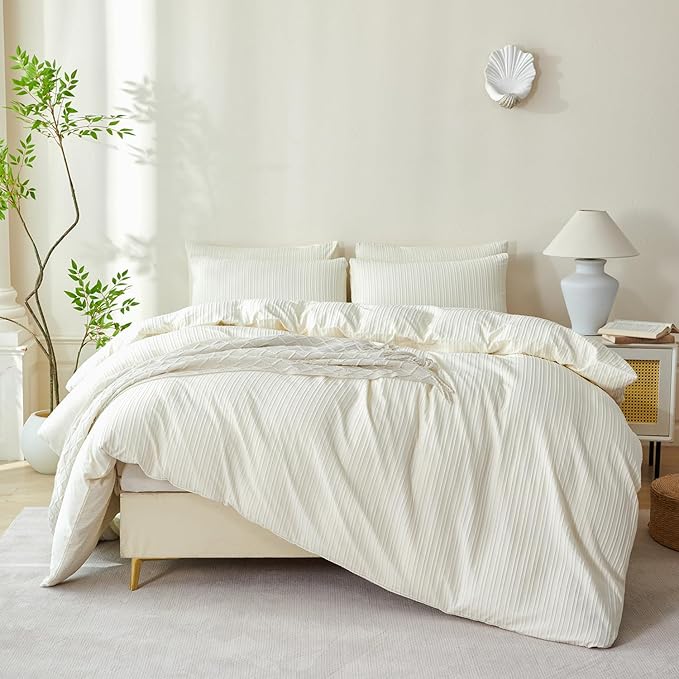 Comforter Set Queen Size Striped Soft Luxury Washed Microfiber Jacquard 3 Pieces Bedding, White Beige Vertical Ticking Stripes Comforter with 2 Pillowcases Breathable Durable Comfy
