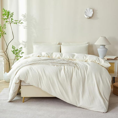 Comforter King Set Beige Striped Soft Luxury Washed Microfiber Jacquard 3 Pieces Bedding Set, Beige Vertical Ticking Stripes Comforter with 2 Pillowcases Breathable Durable Comfy