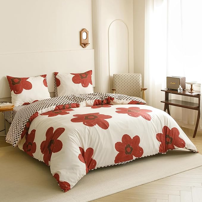 KAREVER Red Floral Comforter Twin White with Red Flower Bedding Set 3 PCs Comforter Set Twin Size Comforter (68x90 Inches) with 2 Pillowcases (26x26 inches)