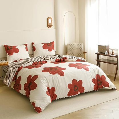 KAREVER Red Floral Comforter Full White with Red Flower Bedding Set 3 PCs Comforter Set Full Size Comforter (80x90 Inches) with 2 Pillowcases (26x26 inches)
