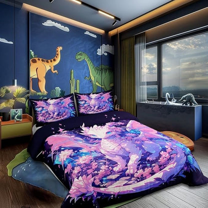 Castle Fairy Kids Dragon Bedding Set for Boys Girls,Cartoon Dragon Wildlife All Season Cozy Comforter Set Full Size,Watercolor Flower Duvet Set Bedroom Decor,Personalized Birthday Gifts