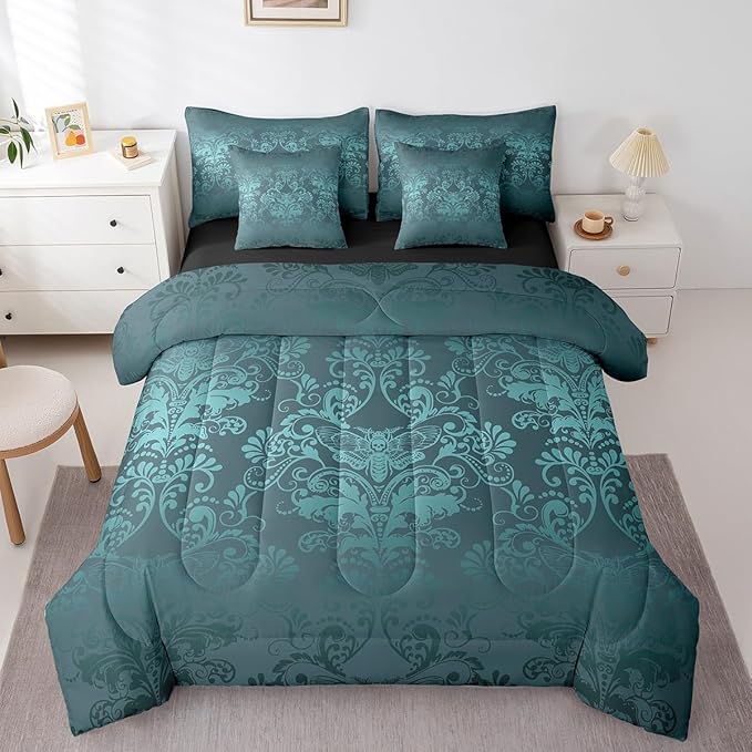 Erosebridal Gothic Damask Bed in a Bag King Size Comforter Set 7 Pieces,Exotic Moth Bedding Sets Turquoise Victorian Floral Goth Sheet Set with Comforter