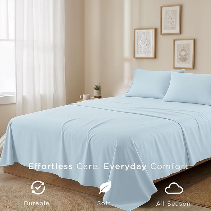 Threadmill Cotton Twin XL Sheet Set | 100% Cotton Sheets for Twin XL Size Bed | Solid Sateen Twin XL Bed Sheets Set with 16” Deep Pocket | Soft Breathable 3-Piece Cooling Sheets | Light Blue