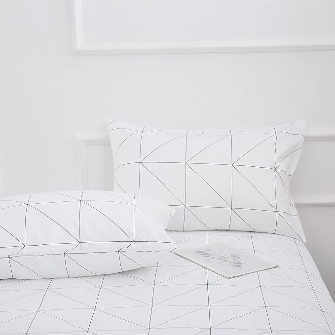 Best Season Bed Sheet Set 4 Pieces -Full Size-Soft Durable Microfiber Bedding Sheet Set,Deep Pocket,Stain,Fade & Wrinkle Resistant(Geometric White)