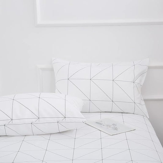 Best Season Bed Sheet Set 4 Pieces -Full Size-Soft Durable Microfiber Bedding Sheet Set,Deep Pocket,Stain,Fade & Wrinkle Resistant(Geometric White)