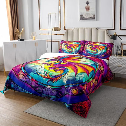 Flying Dragon Kids Bedspread Queen Size,Western Wing Dragon Cloud Gothic Coverlet Set,Boys Girls Room Decor,Geometric Abstract Modern Quilted Coverlet,Colorful Vintage Bedding Quilt,2 Pillowcases