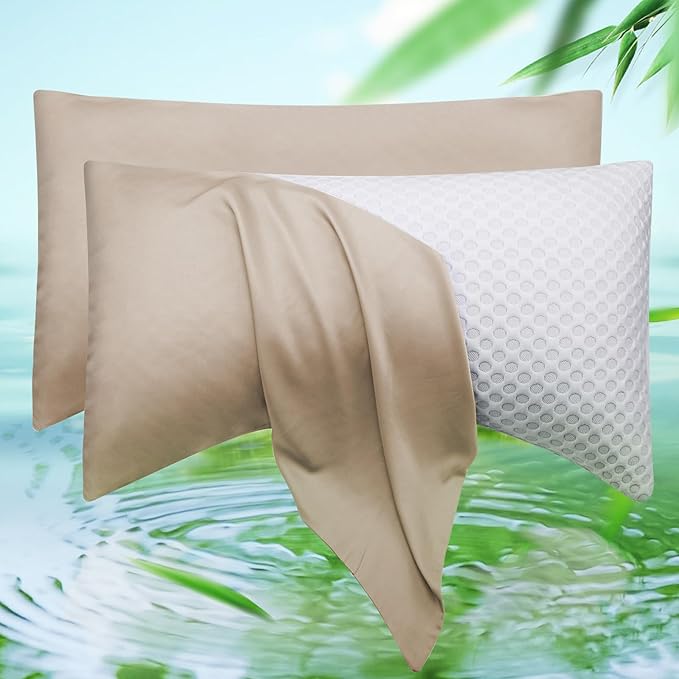 Cooling Curved Pillow Cases Queen Size Set of 2 - Rayon Derived from Bamboo Side Sleeper Pillowcase Cover - Breathable Cool Silky Soft Pillowcase for Hot Sleepers Hair and Skin 20 * 30 Inches Taupe
