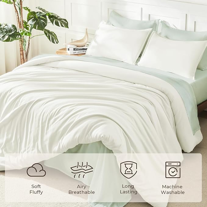 Litanika Ivory Comforter Set Full Size, 3 Pieces Lightweight Solid Bedding Comforter Set, All Season Fluffy Bed Set (79x90In Comforter & 2 Pillowcases)