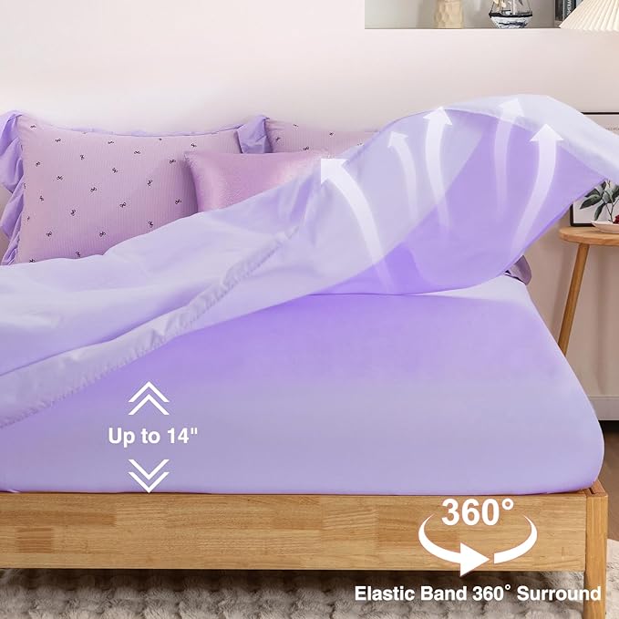 A Nice Night Delicate Bows Print On Purple Background Bedding Set,Ruffle 6 Piece Bed in a Bag Matching Sheet Set,Princess Style Chic Bowknot Printed,Full