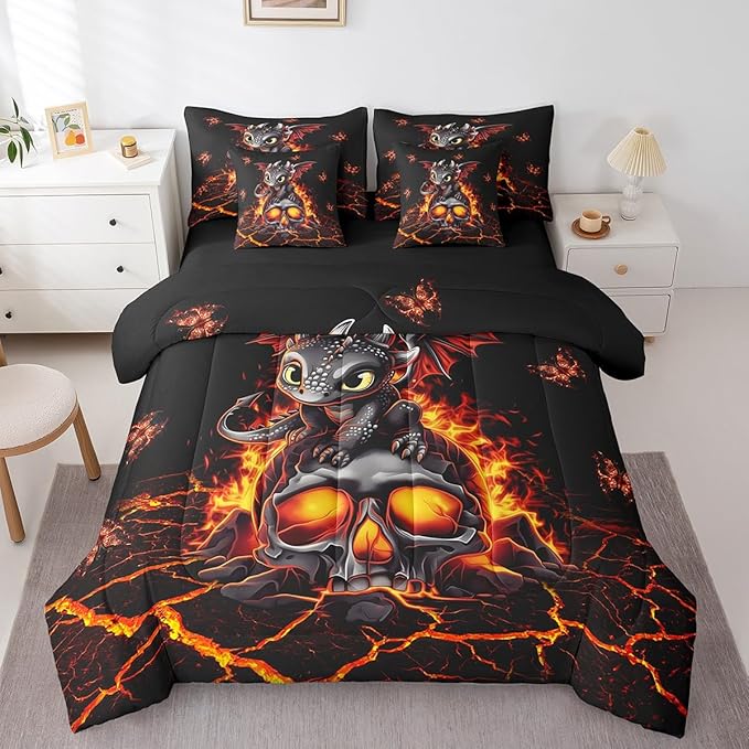 Black Cartoon Dragon Butterfly Comforter Set,Gothic Sugar Skull 7 Piece Bed Set King Size for Kids,Happy Halloween Bed in a Bag Bedding Set with Comforter,Sheet Set,Pillowcases,Pillow Covers