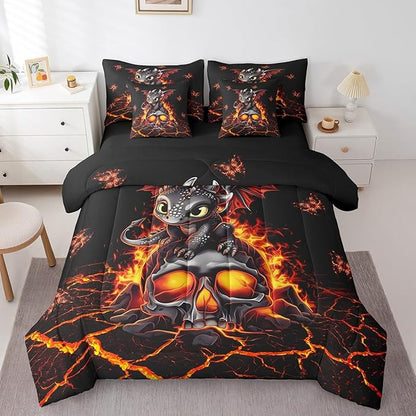 Black Cartoon Dragon Butterfly Comforter Set,Gothic Sugar Skull 7 Piece Bed Set King Size for Kids,Happy Halloween Bed in a Bag Bedding Set with Comforter,Sheet Set,Pillowcases,Pillow Covers