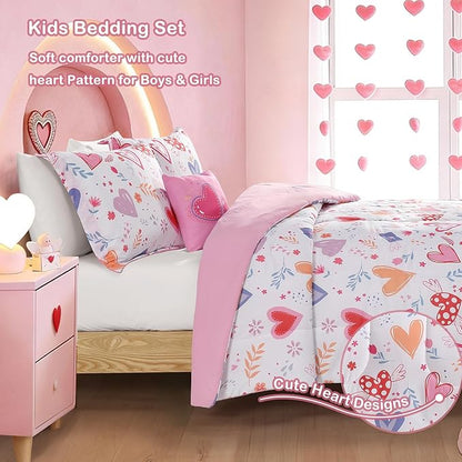 Kids Comforter Set Full Size for Girls, Heart Bedding Set 1 Comforter, 1 Decor Pillow, 2 Pillow Shams