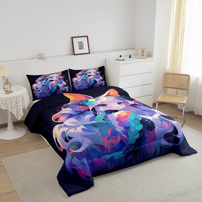 Erosebridal Anime Girl Bedding Comforters & Sets 3D Japanese Bedding Kawaii Girly Comforter Set, Anime Lovers Gifts Bedding Sets Warm Lightweight Duvet Set for All Season, Full 3Pcs