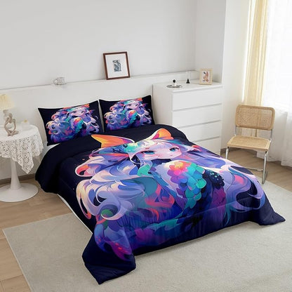 Erosebridal 3D Cartoon Printed Bedding Sets for Girls Anime Gifts Comforter 3Pcs, Japanese Girl Bed Comforter Set Kawaii Printing Duvet Set for All Season, King