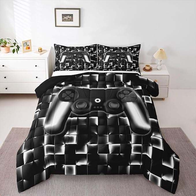 Erosebridal Video Game Full Boys Bedding Set Gamer Kids Comforter Geometric Gaming Bedding Comforter Teen Men Neon Lights Checkered Game Console Bed Set Black White Gradient Gamepad Quilt 3 Piece