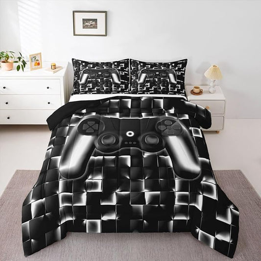 Erosebridal Video Game Full Boys Bedding Set Gamer Kids Comforter Geometric Gaming Bedding Comforter Teen Men Neon Lights Checkered Game Console Bed Set Black White Gradient Gamepad Quilt 3 Piece