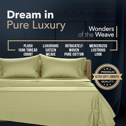 TEXAS LINEN CO. 100% Egyptian Cotton Sheets California King Size - 1500 Thread Count Cal King Sheet Set Egyptian Cotton, 4 PC Luxury Bedsheet (Sage Green), Soft, Cooling, 17" Deep Pocket Bedsheet Set
