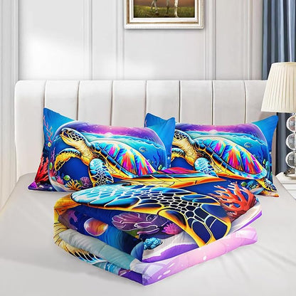 Sea Turtle Comforter Set Queen Size,Colorful Underwater World Toddler Bed Comforter Set,Coastal Bedding for Kids Boys Girls Room Decor,Sea Life Themed Comforter Sets 2 Pillowcases.