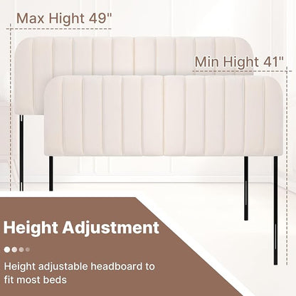 Queen Headboard Only - Upholstered Headboard for Bed, Easy Assembly, Velvet Covered Sponge, Place Between Bed & Wall, Adjustable Metal Legs with Non-Slip Pads, Beige