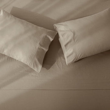 JIYUAN Queen Size Sheet Set, 4-Piece - 100% Washed Cotton, Linen-Like Soft & Breathable, Includes Deep Pocket Fitted & Flat Sheet with 2 Pillowcases, Hotel Quality, Solid Khaki