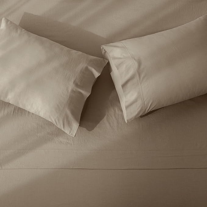 JIYUAN King Size Sheet Set, 4-Piece - 100% Washed Cotton, Linen-Like Soft & Breathable, Includes Deep Pocket Fitted & Flat Sheet with 2 Pillowcases, Hotel Quality, Solid Khaki