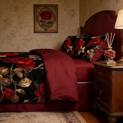 Black Red Roses Comforter Set Twin Size Kids Girls Botanical Floral Bedding Set Vintage Flower Soft Microfiber Lightweight Comforter,3 Pcs 2 Pillowcases, 68"x86"